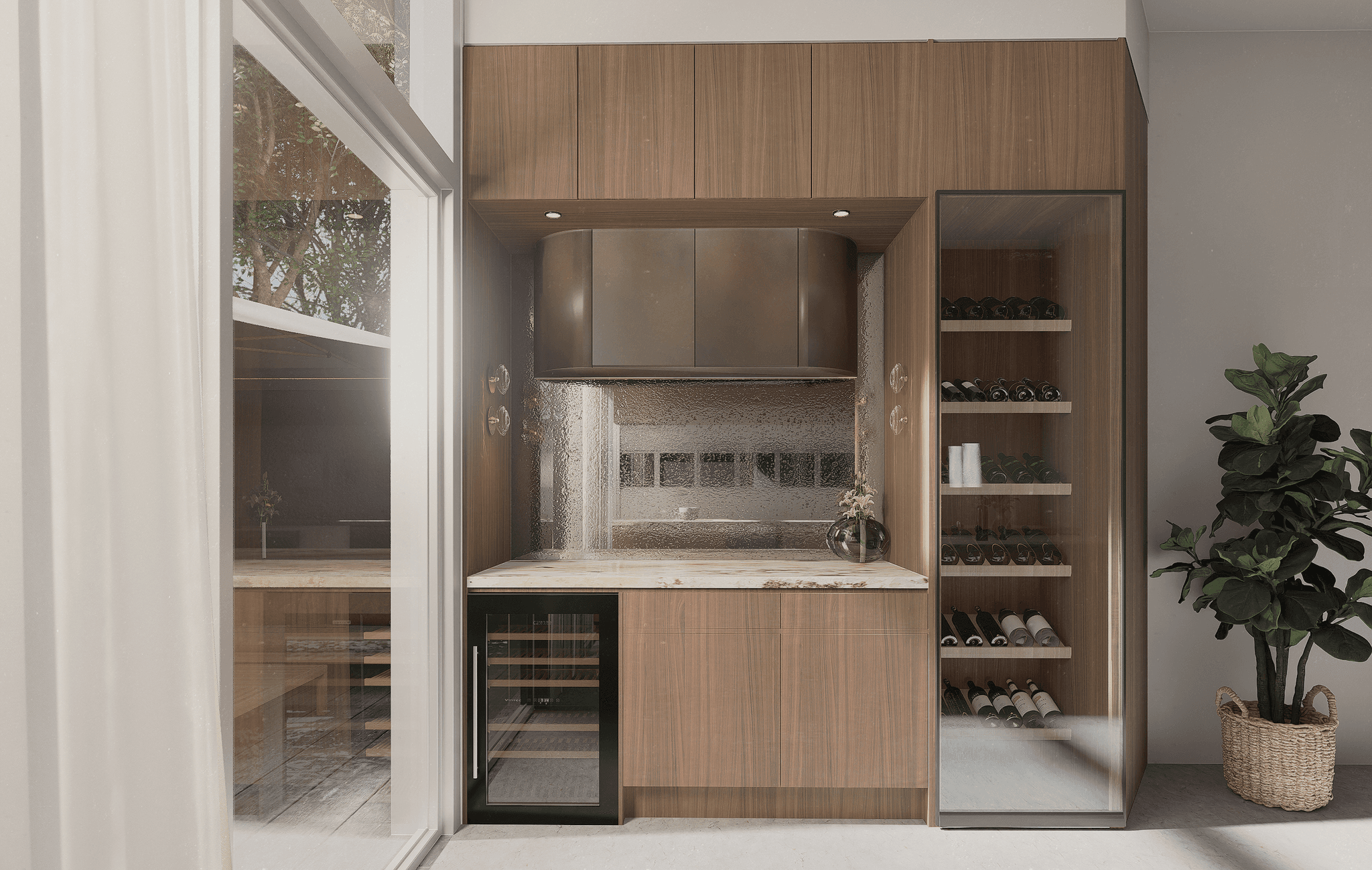 Bar elevation with curved metal rangehood, textured glass splashback, and under-counter wine fridge — Australia interior visualisation by FPA Design Consultancy