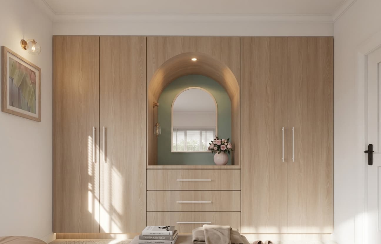 Bedroom 2 wardrobe with arched mirror niche and sage green backdrop — Australia interior visualisation by FPA Design Consultancy