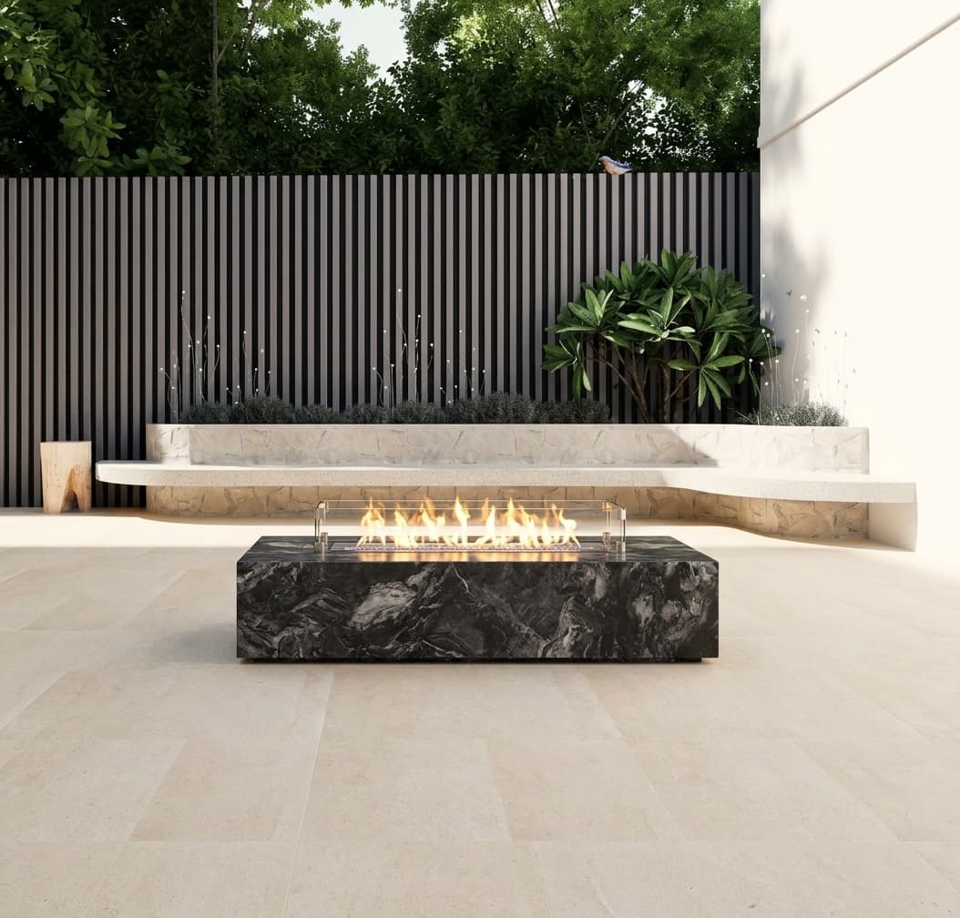 Courtyard fire pit in dark stone with built-in curved bench and slatted screen fence — Australia interior visualisation by FPA Design Consultancy