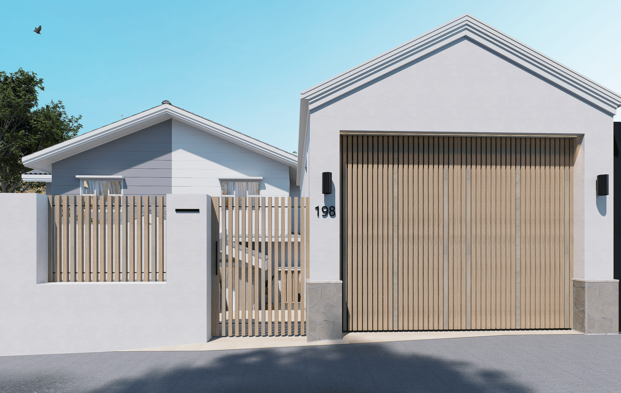Street frontage with vertical timber-batten gate and garage door — Australia interior visualisation by FPA Design Consultancy