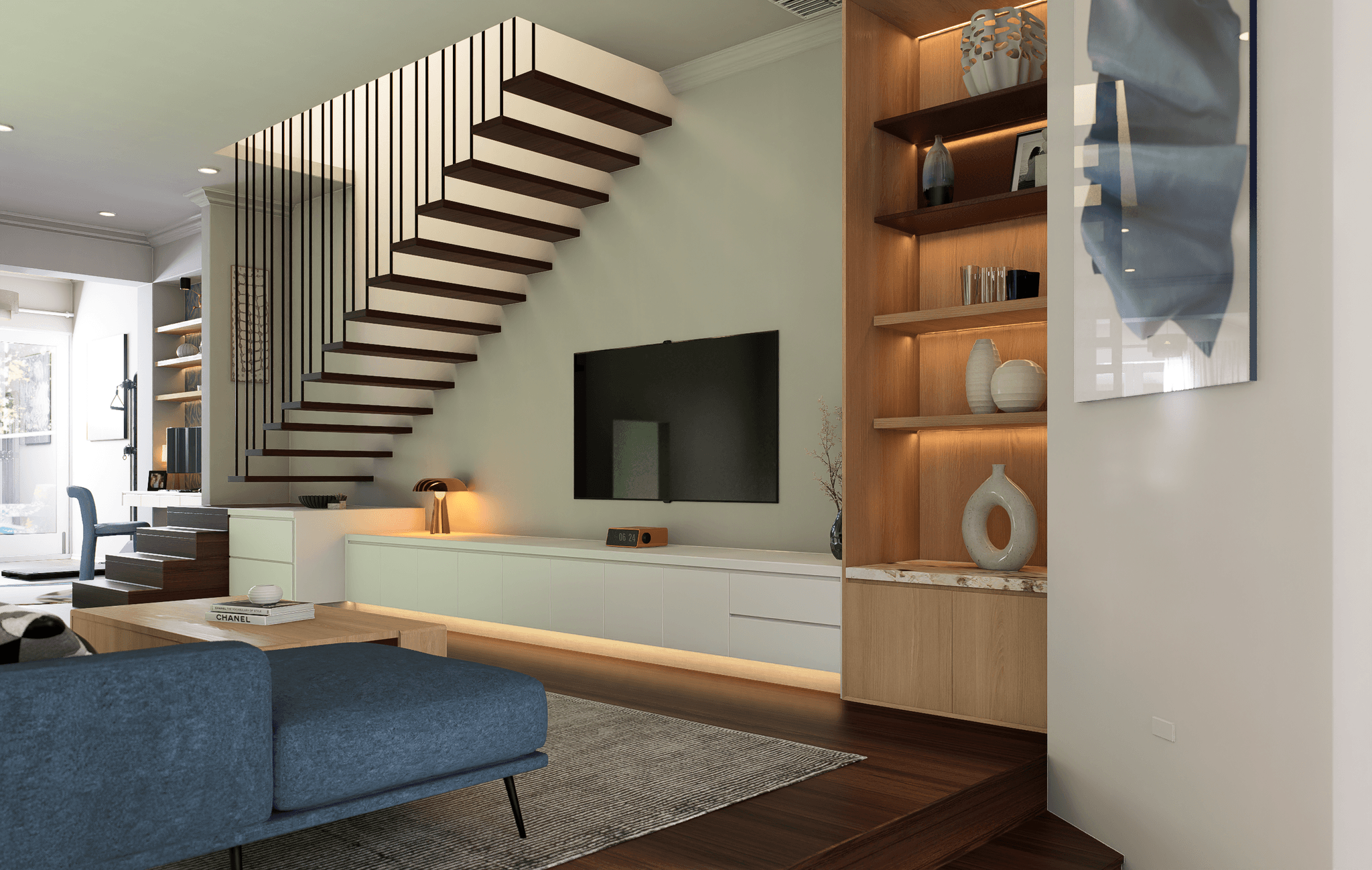 Living area with floating timber staircase, black rod balustrade, and backlit display shelving — Australia interior visualisation by FPA Design Consultancy