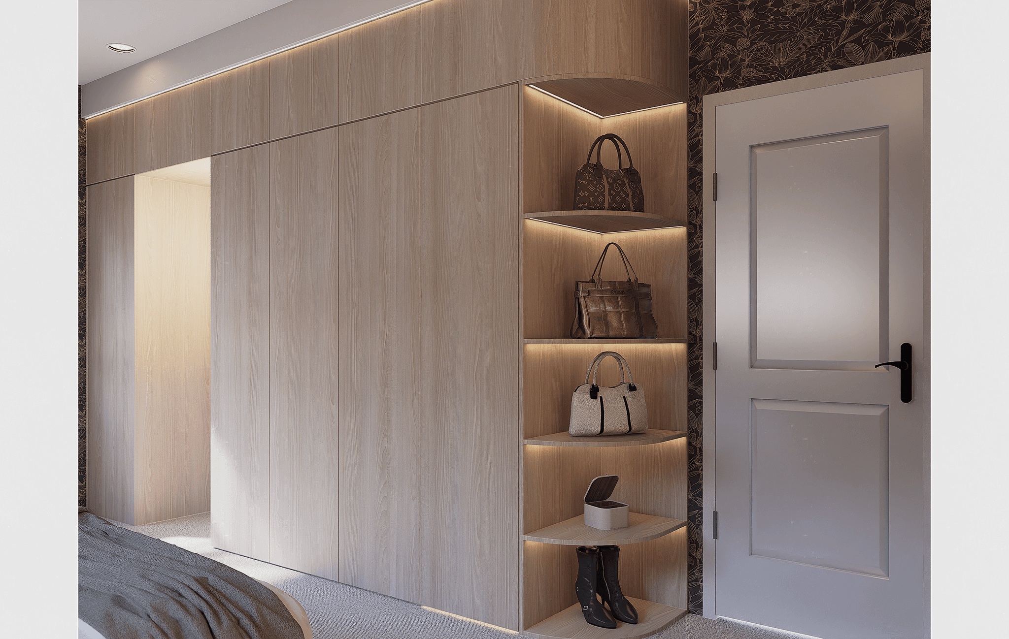 Master bedroom wardrobe with illuminated curved display shelving — Australia interior visualisation by FPA Design Consultancy