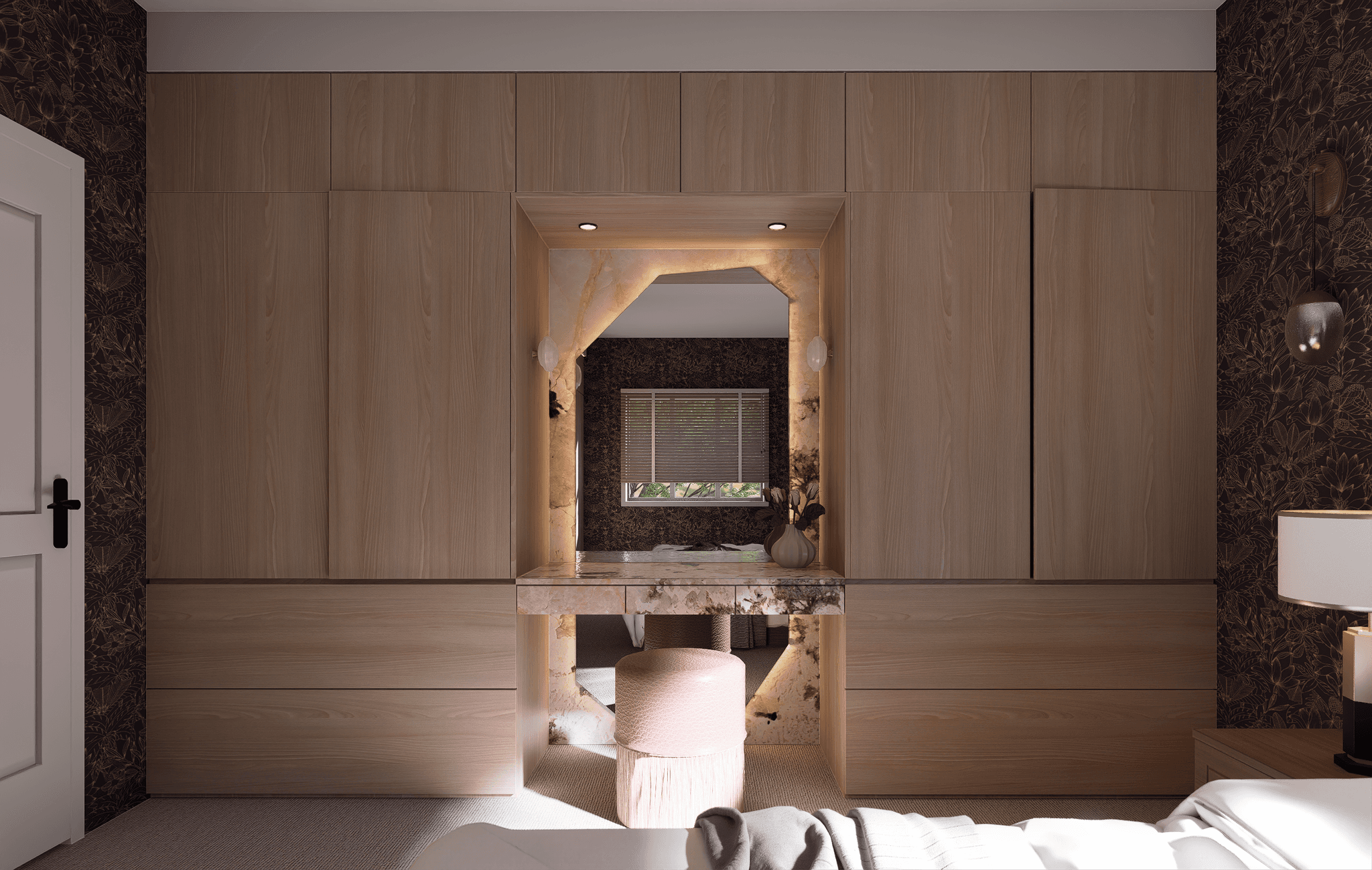 Master bedroom joinery with backlit stone vanity niche and upholstered stool — Australia interior visualisation by FPA Design Consultancy