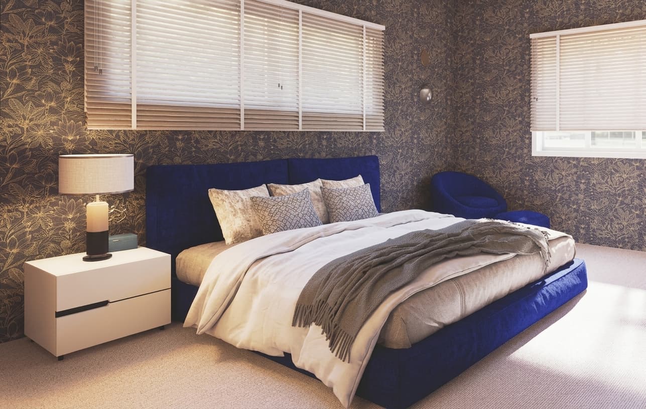 Master bedroom with navy upholstered bed, botanical wallpaper, and venetian blinds — Australia interior visualisation by FPA Design Consultancy
