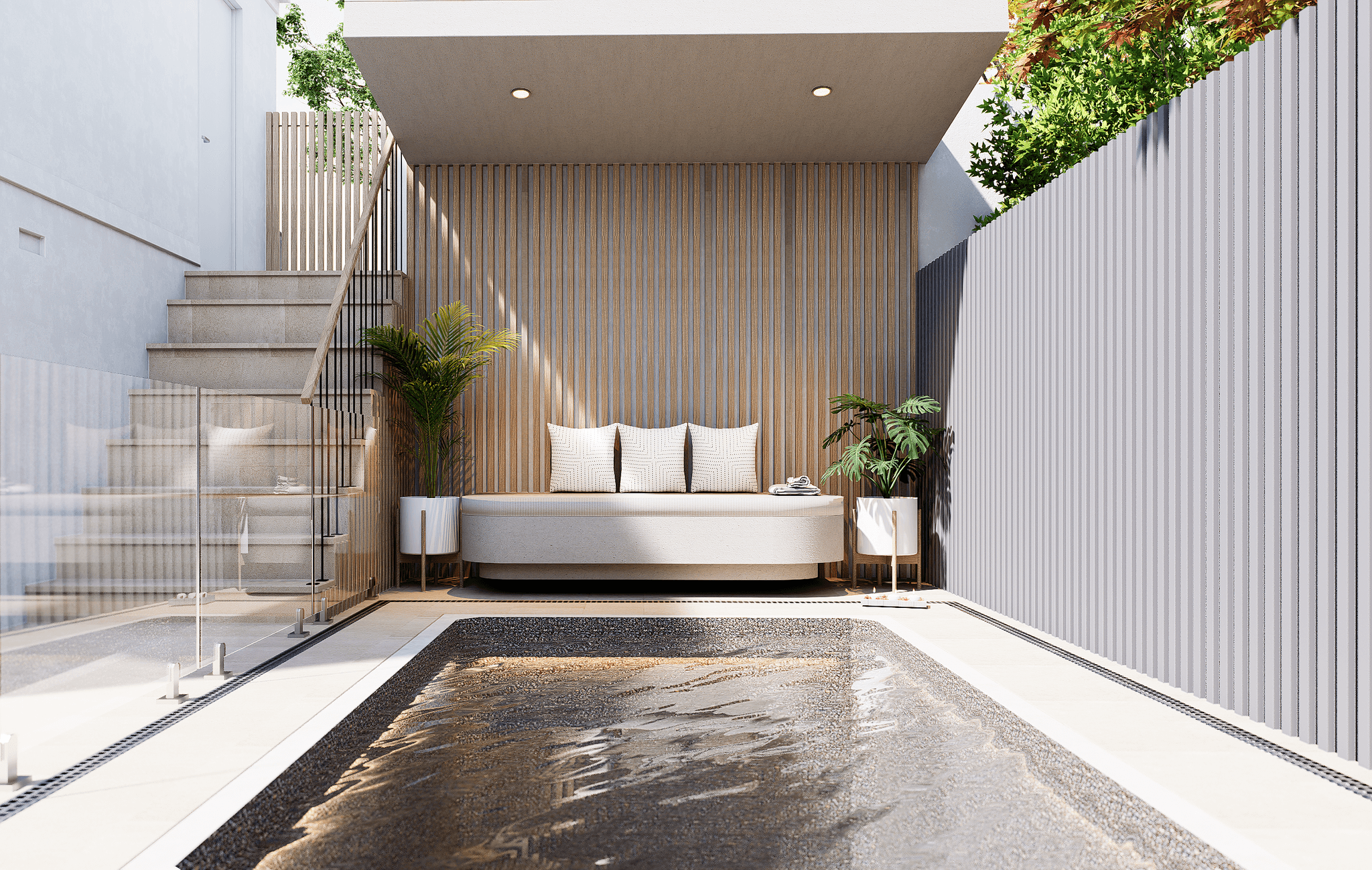 Plunge pool with frameless glass fencing and slatted timber daybed cabana — Australia interior visualisation by FPA Design Consultancy