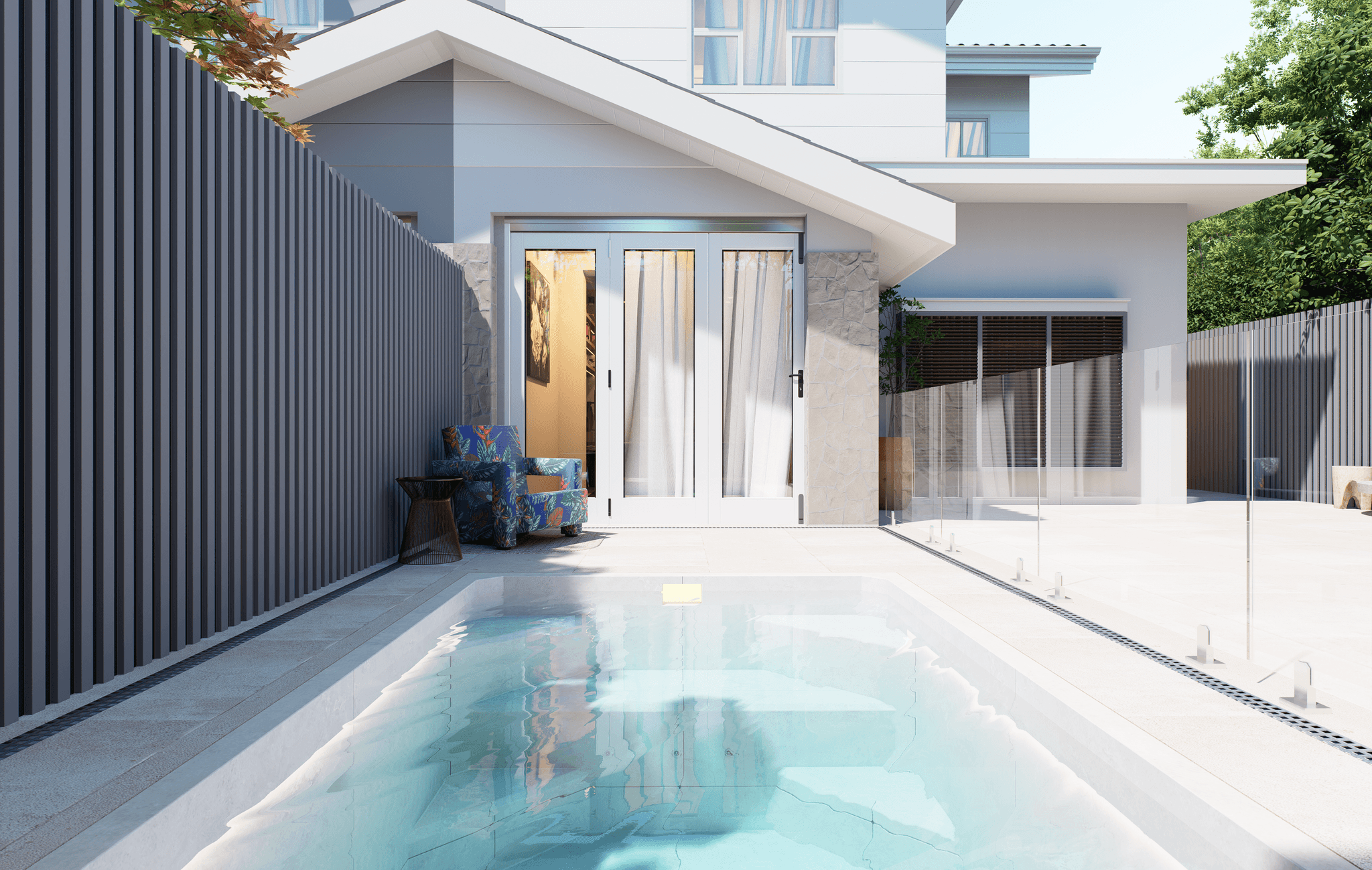Rear elevation with plunge pool, stone-clad entry, and glazed doors — Australia interior visualisation by FPA Design Consultancy