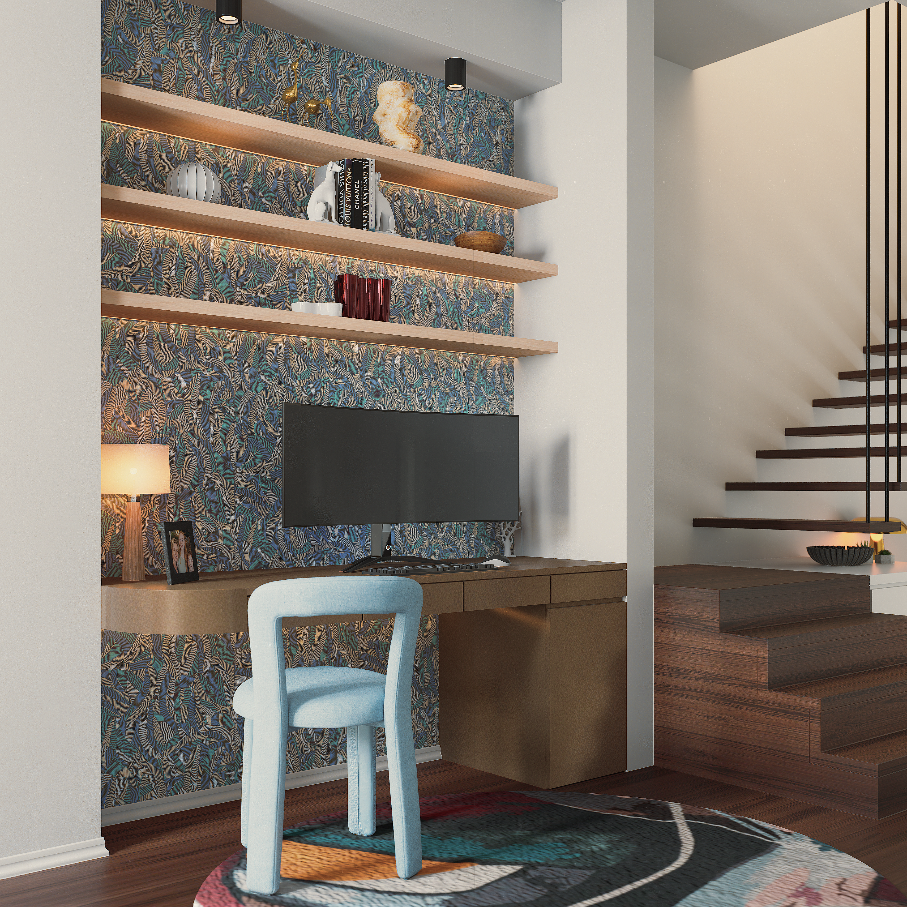 Study nook with backlit floating shelves, botanical feature wallpaper, and upholstered chair — Australia interior visualisation by FPA Design Consultancy