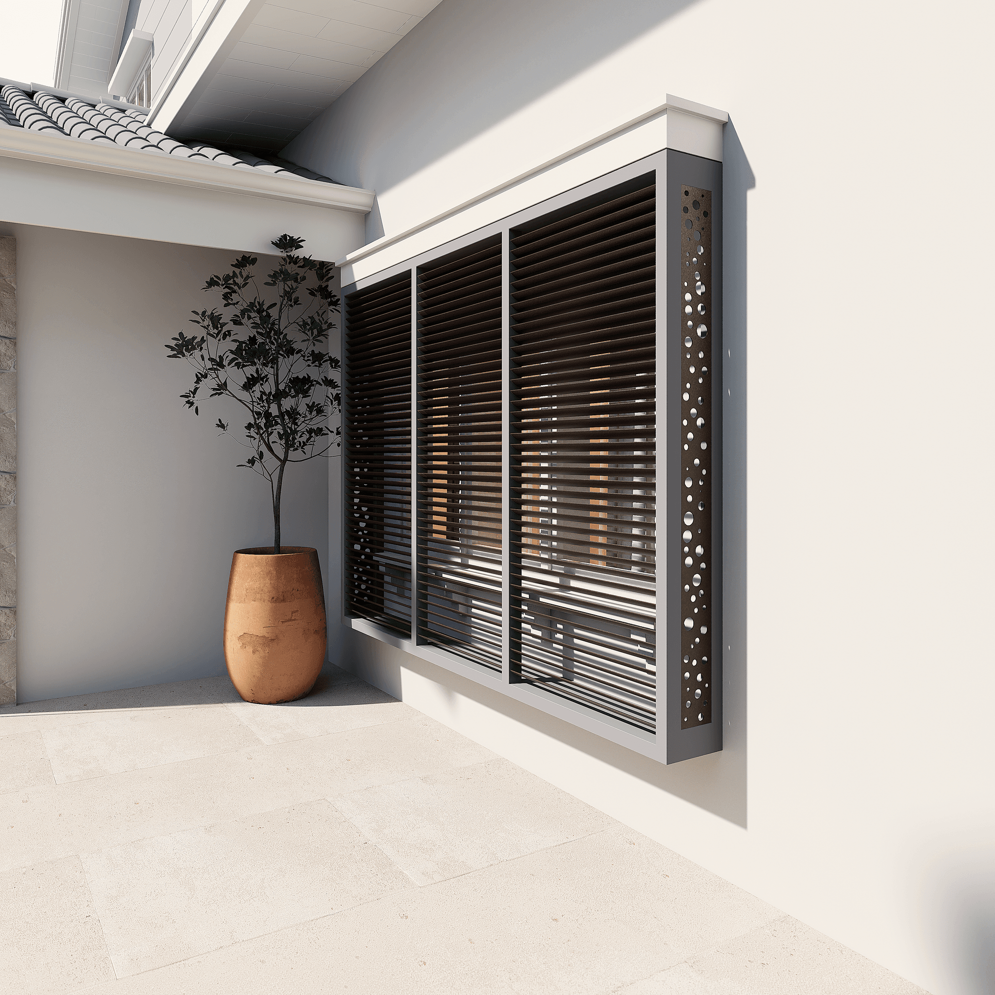 Exterior window with horizontal louvre screen and perforated metal side panel — Australia interior visualisation by FPA Design Consultancy