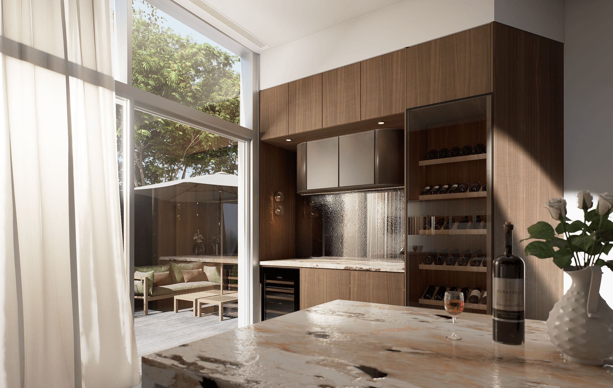 Home bar with walnut joinery, glass-front wine display, and stone benchtop opening onto the rear deck — Australia interior visualisation by FPA Design Consultancy